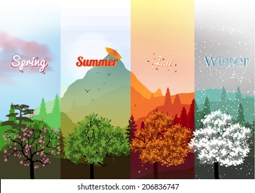 Four Seasons Banners with Trees - Vector Illustration