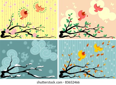 Four seasons in a branch of cherry and birds.