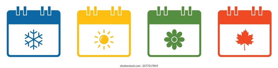 Four seasons calendar grid with sign symbol. Blue winter snowflake, green spring flower, yellow summer sun and orange autumn leaf icons set isolated. Vector illustration.
