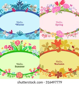 Four seasons card.  Spring, summer, autumn, winter design. Concept seasons greeting and holiday card. Vector illustration