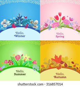 Four seasons card.  Spring, summer, autumn, winter design. Concept seasons greeting and holiday card. Vector illustration