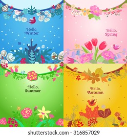 Four seasons card.  Spring, summer, autumn, winter design. Concept seasons greeting and holiday card. Vector illustration