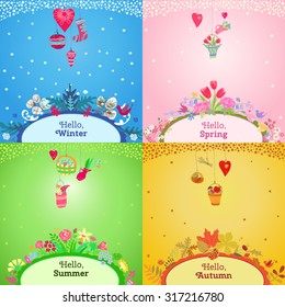 Four seasons card.  Spring, summer, autumn, winter design. Concept seasons greeting and holiday card. Vector illustration
