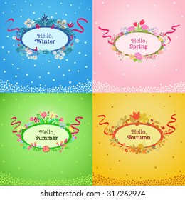 Four seasons card.  Spring, summer, autumn, winter design. Concept seasons greeting and holiday card. Vector illustration