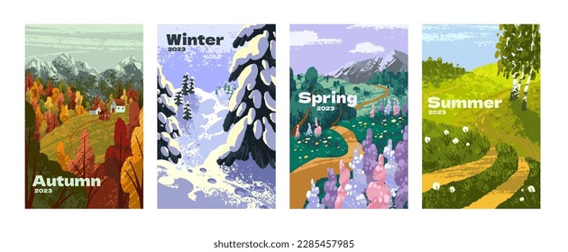 Four seasons cards set. Autumn, winter, spring and summer nature landscapes, vertical backgrounds. Calendar sceneries with trees in snow, green grass, meadow flowers. Flat vector illustrations