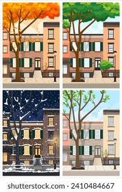 Four seasons cards set. Cozy houses on the street with windows and tree.