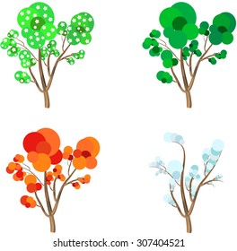 Four Seasons Cartoon Trees: Spring, Summer, Autumn and Winter on the White Background