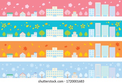 four seasons cityscape frame set, house and school and office and sky and tree town