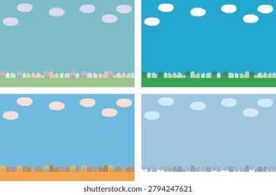 The four seasons of a cityscape. Illustrations of clouds and sky.
