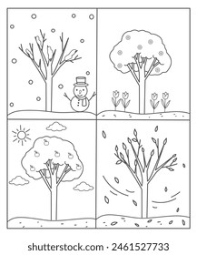 Four seasons coloring page for kids, seasons worksheet for kindergarten, the Four seasons activity 