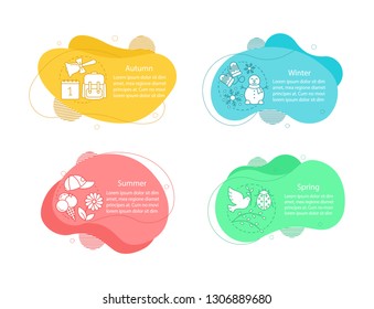Four seasons concept illustrations. Winter, autumn, spring, summer infographic template. Fluid elements with text and linear icons. Wavy bubbles steps. Presentation, banner report vector cliparts