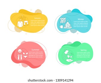 Four seasons concept illustrations. Winter, autumn, spring, summer infographic template. Seasonal activities. Fluid elements with text, icons. Wavy bubbles steps. Presentation, banner, report cliparts