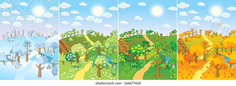 Four seasons. Concept of life cycle in nature. Images of beautiful natural landscapes at different time of the year - winter spring, summer, autumn. Vector illustration
