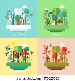 Four seasons concept with nature forest, trees and animals. Vector illustration