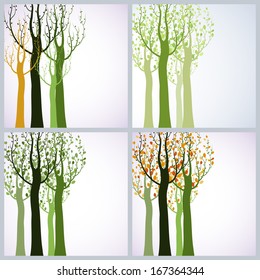 Four seasons. Decorative trees on white background.