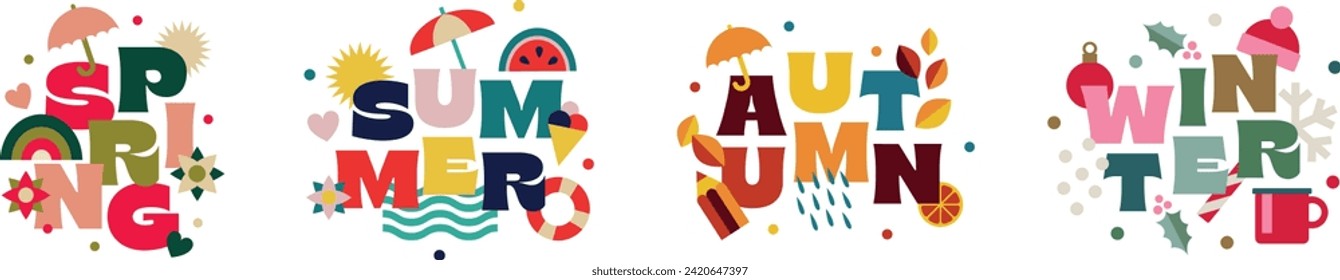 Four Seasons design compositions on spring, summer, fall and winter. Lettering and flat icons design. Colorful palette. Geometric pattern in a square design.