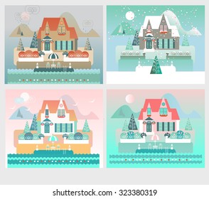 Four Seasons Designs with Island House/Hotel Landscape - Vector Illustration