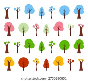 Cuatro estaciones de estilo plano árbol de Vector icono de colección, invierno azul, rosa verde primavera y verano, rojo amarillo naranja otoño