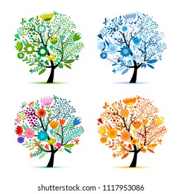 Four Seasons, Floral Colorful Tree. Sketch For Your Design