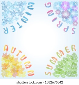 Four Seasons frame: spring, summer, autumn, winter.Cartoon illustration representing the seasons cycle.