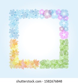 Four Seasons frame: spring, summer, autumn, winter.Cartoon illustration representing the seasons cycle.