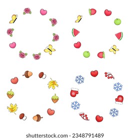 Four seasons frames set with hearts, flowers, fruits, leaves, snowflakes. Spring, summer, autumn, winter frames on a white background.