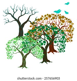 Four seasons. Hand drawn vector illustration with trees in different periods of a year and decorative cartoon birds. 