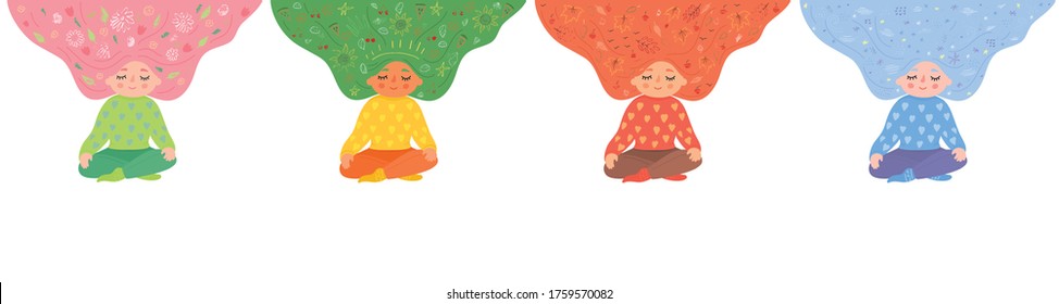 Four seasons. Happy calm girl meditating in lotus pose with hair which changes  seasonal attributes through the year. Hand drawn cute vector illustration isolated on white background