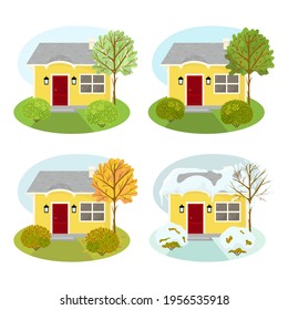 Four seasons house illustration set on white background. Country house concept.
