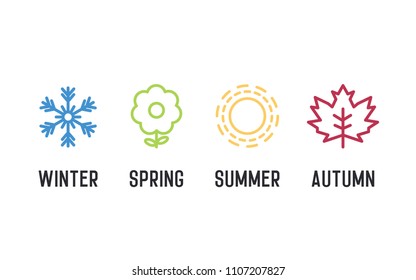 Juego de iconos de cuatro temporadas. 4 Ilustraciones de elementos gráficos vectoriales que representan invierno, primavera, verano y otoño. Fogón de nieve, flor, sol y hoja de arce