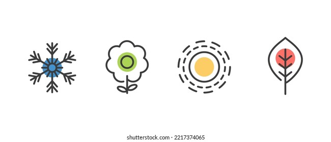 Juego de iconos de cuatro estaciones. 4 Ilustraciones de elementos gráficos vectoriales que representan invierno, primavera, verano, otoño. Copo de nieve, flor, sol y hojas de arce