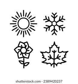 Four seasons icon set. 4 Vector graphic element illustrations representing winter, spring, summer, autumn. Snowflake, flower, sun and maple leaf