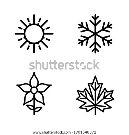 Four seasons icon set. 4 Vector graphic element illustrations representing winter, spring, summer, autumn. Snowflake, flower, sun and maple leaf