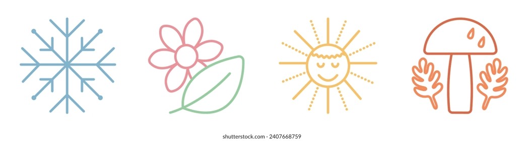 Four seasons icon set, color vector signs of winter, spring, summer and autumn