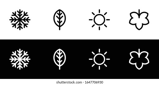 Four seasons icon set. Flat design symbol collection isolated on black and white background. Winter, spring, summer, and autumn.