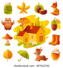 Four seasons icon set. Seasonal vector icons, country landscape. Nature illustration isolated on white. Calendar 2017. Fall - september october november. Autumn sunset village evening. Banner poster