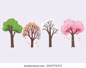 Vier Jahreszeiten Symbolsatz. Bäume in vier verschiedenen Stadien des Erscheinens der Zeiten des Jahres Frühling, Sommer, Herbst und Winter Vektorgrafik. 4 grafische Elemente für Winter, Frühling, Sommer, Herbst