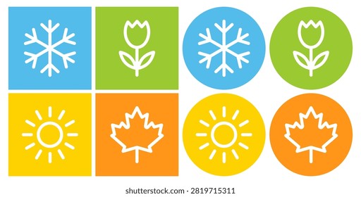 Four seasons icon set with winter, spring, summer and autumn symbols in colorful square and circular backgrounds. Seasonal weather icons for calendars, education, interfaces, infographics.