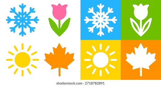 Iconos de cuatro estaciones con símbolos de invierno, primavera, verano y otoño con copo de nieve, flor, sol y hoja de otoño. Elementos gráficos estacionales aislados.