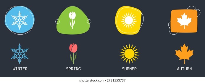 Four seasons icons set. four seasons icon symbol vector illustration. spring, summer, autumn, winter seasons colorful icons set. Four seasons icon symbol logo design vector. Winter spring summer fall. Snowflake, leaf, sun, autumn leaf. eps10