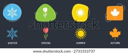 Four seasons icons set. four seasons icon symbol vector illustration. spring, summer, autumn, winter seasons colorful icons set. Four seasons icon symbol logo design vector. Winter spring summer fall. Snowflake, leaf, sun, autumn leaf. eps10
