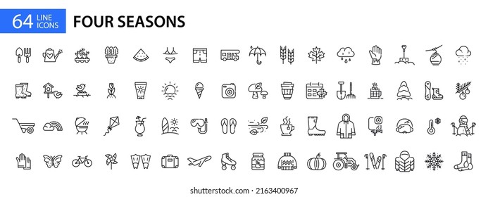 Four seasons icons set. Spring, summer, autumn and winter. Pixel perfect, editable stroke line art icons