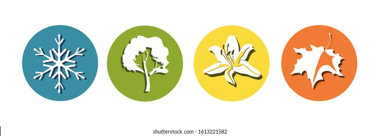 Four seasons icons set: winter, spring, summer, autumn. Logos snowflake, tree, leaf, flower