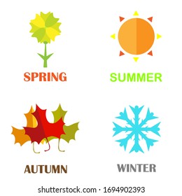 Four seasons icons set: winter, spring, summer, autumn. Logos snowflake, sun, leaf, flower