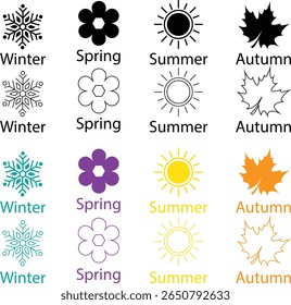 Four seasons icons set. Winter, spring, summer and autumn. Weather forecast signs. Snowflake, flower, leaf and sun vectors black and colorful flat and line designs isolated on transparent background..