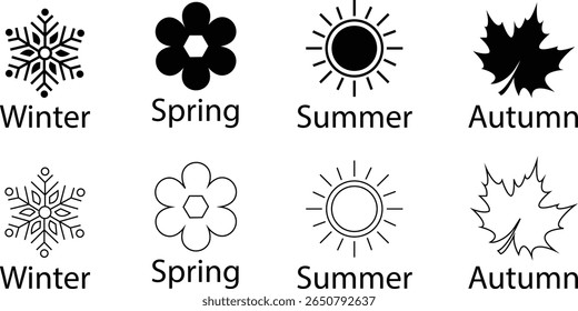 Four seasons icons set. Winter, spring, summer and autumn. Weather forecast signs. Snowflake, flower, leaf and sun vectors illustration in black flat, line designs isolated on transparent background..