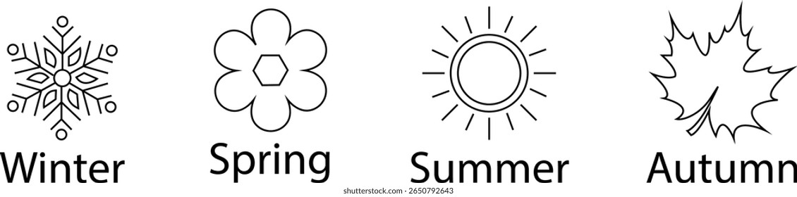 Four seasons icons set. Winter, spring, summer and autumn. Weather forecast signs. Snowflake, flower, leaf and sun vectors illustration in black line designs isolated on transparent background..