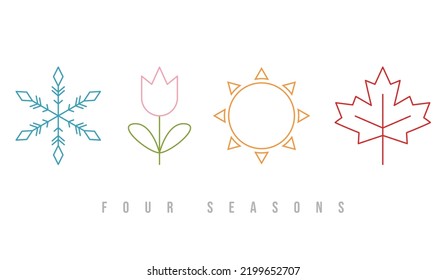 Iconos, signos, símbolos de cuatro estaciones. otoño de invierno primavera. Copo de nieve, flor, sol, hoja. Arte de línea