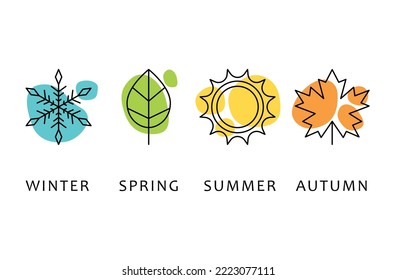 Iconos, signos, símbolos de cuatro estaciones. otoño de invierno primavera. Copo de nieve, hoja, sol, hoja de otoño. Arte de línea