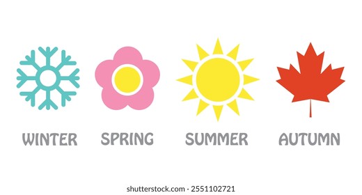 Four seasons icons, signs, symbols. Winter spring summer fall. Snowflake, leaf, sun, autumn leaf. Nature and seasons